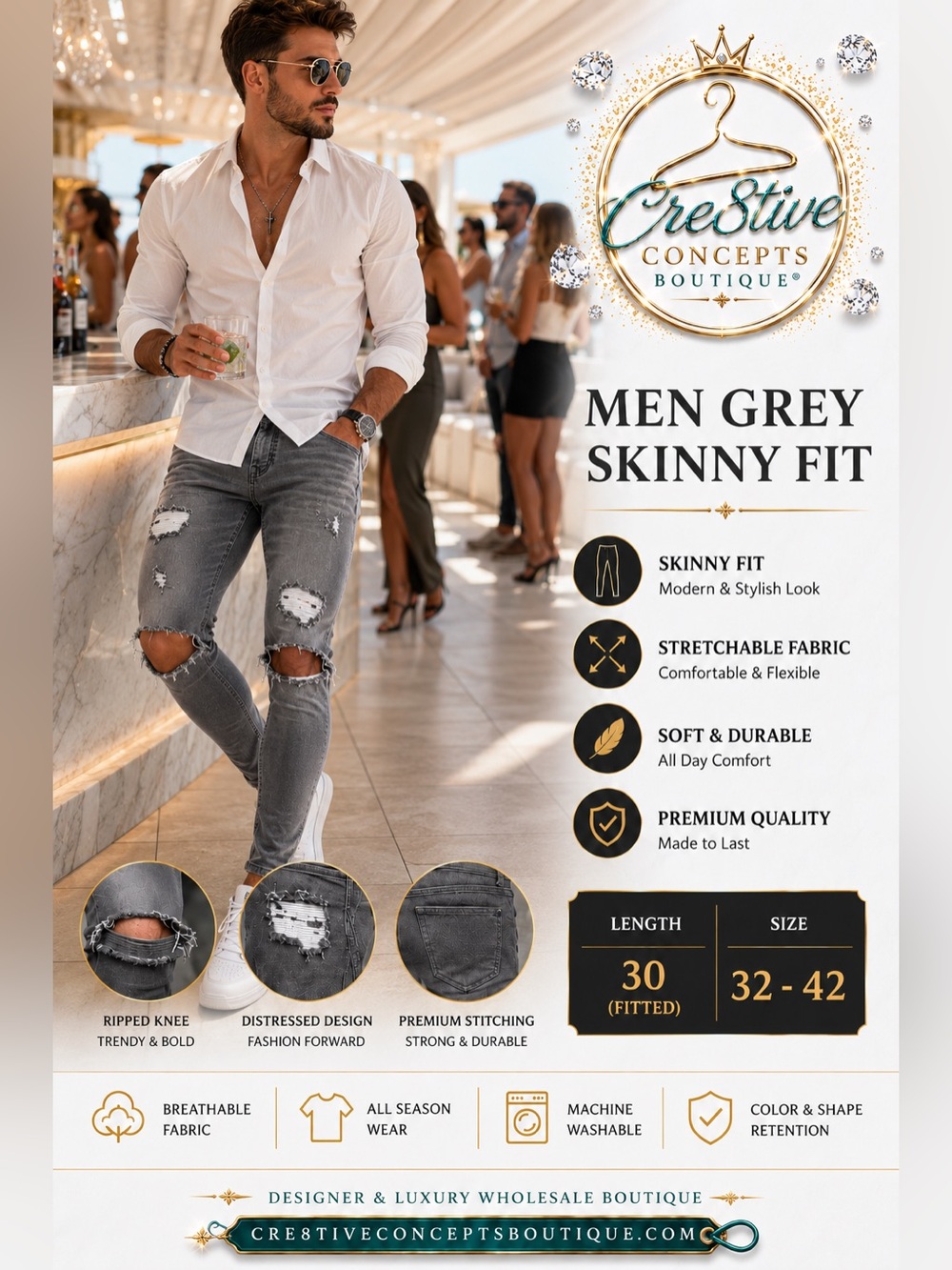 “Men’s Grey Distressed Skinny Fit Jeans, Stretch Denim | Boutique Streetwear”
